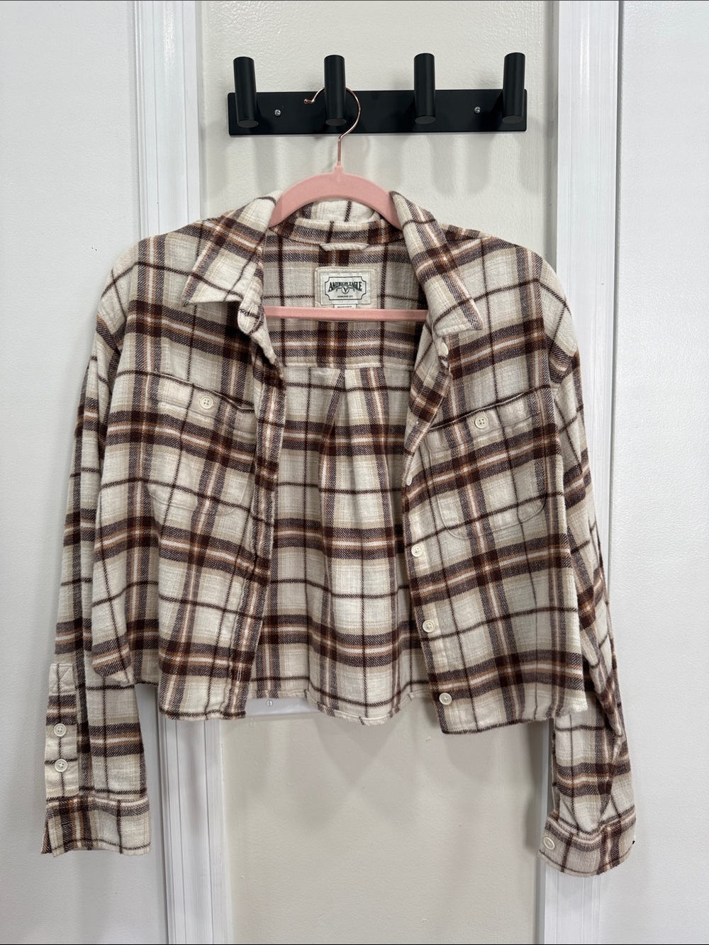American Eagle Outfitters Cream and Brown Plaid Cropped Flannel Shirt